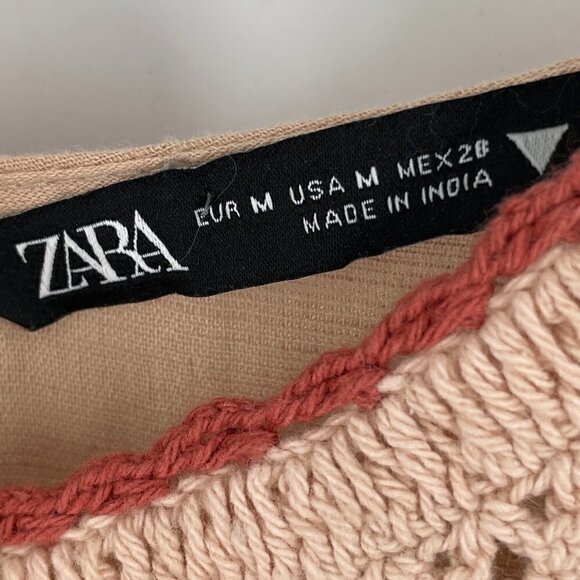 Zara Granny Square Crochet Medallion Front Full Sleeve Cropped Blouse Beige M - Picture 10 of 11